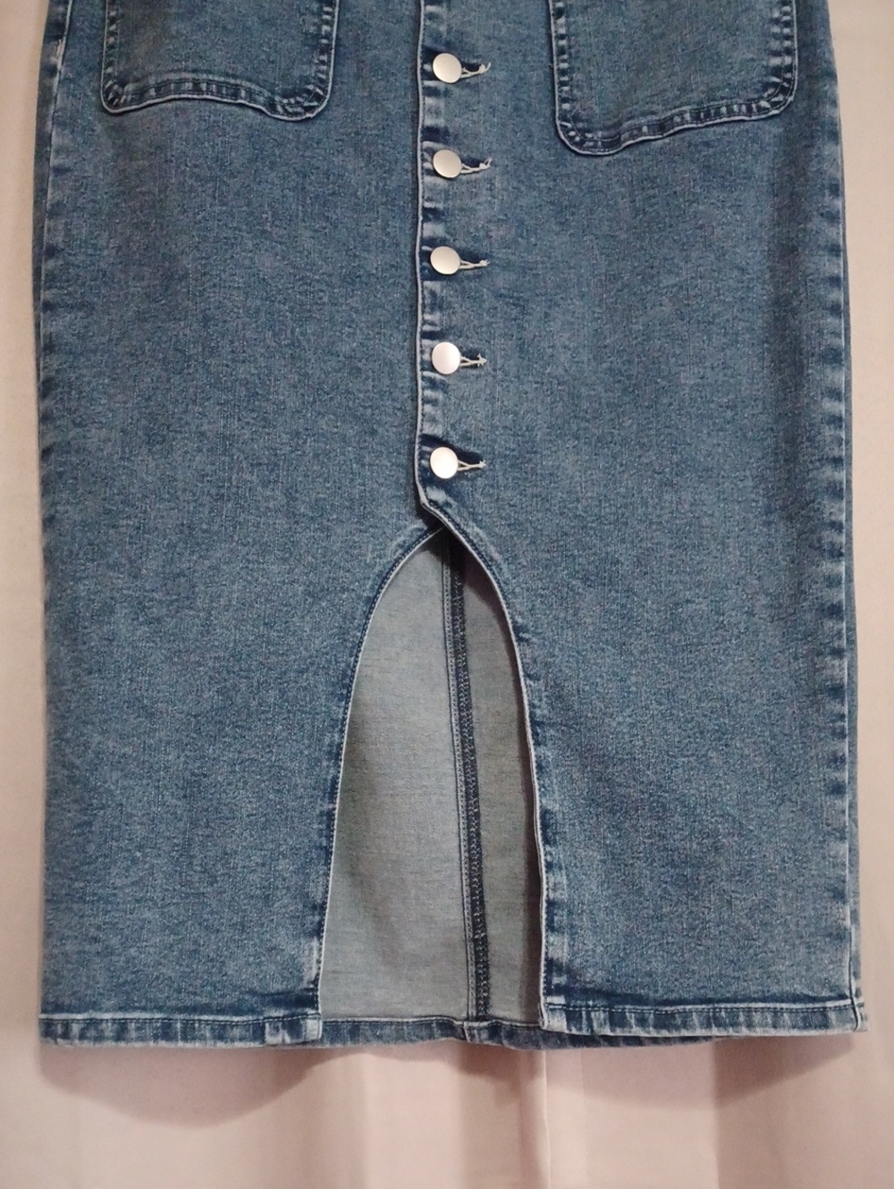 Flamingals Medium Wash Denim Button Front Split Hem Midi Skirt Pockets Stretch M - Picture 6 of 15